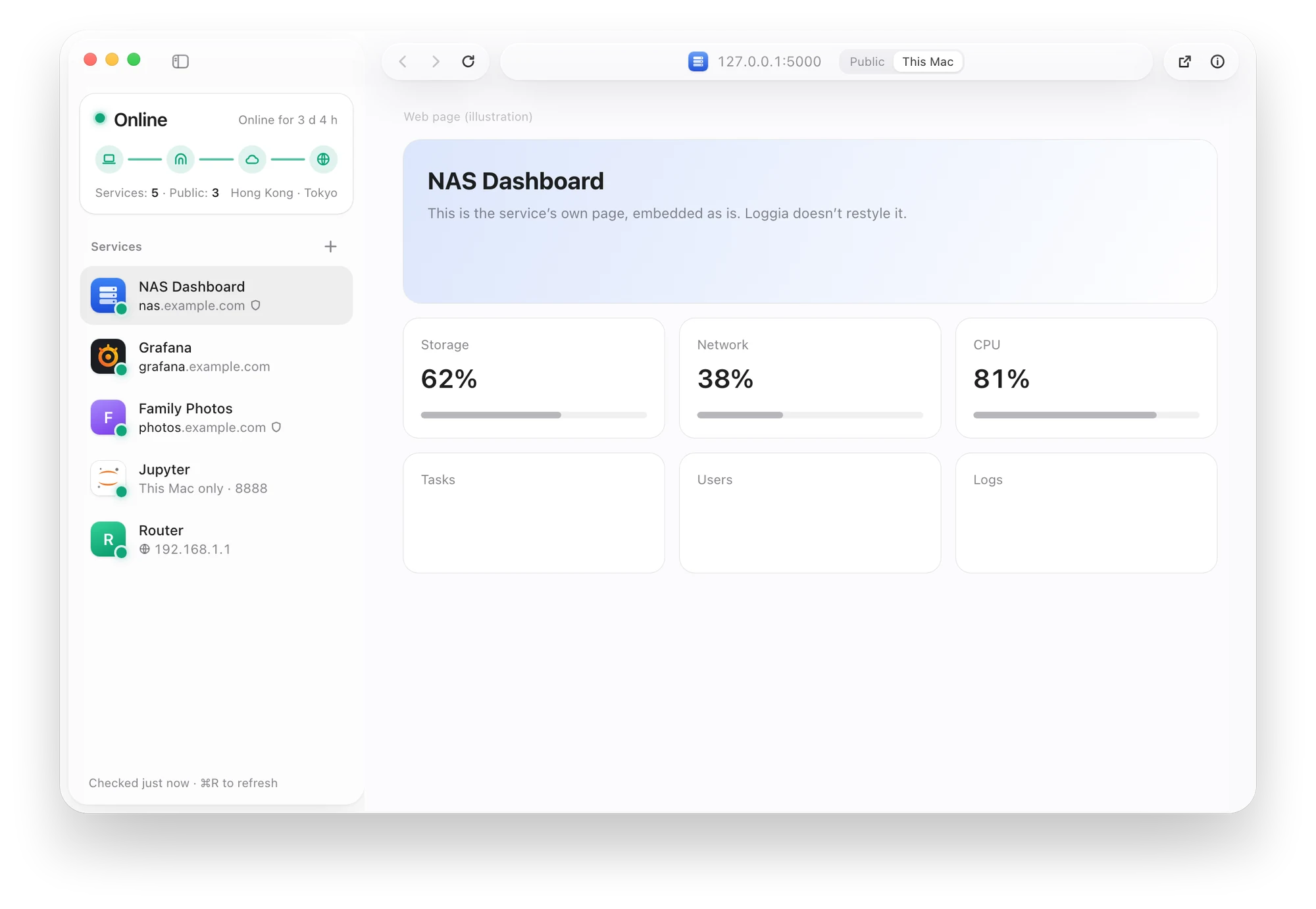 The Loggia window: the link card shows Online with all four segments connected, and the service list shows five services, three of them published on example.com domains.