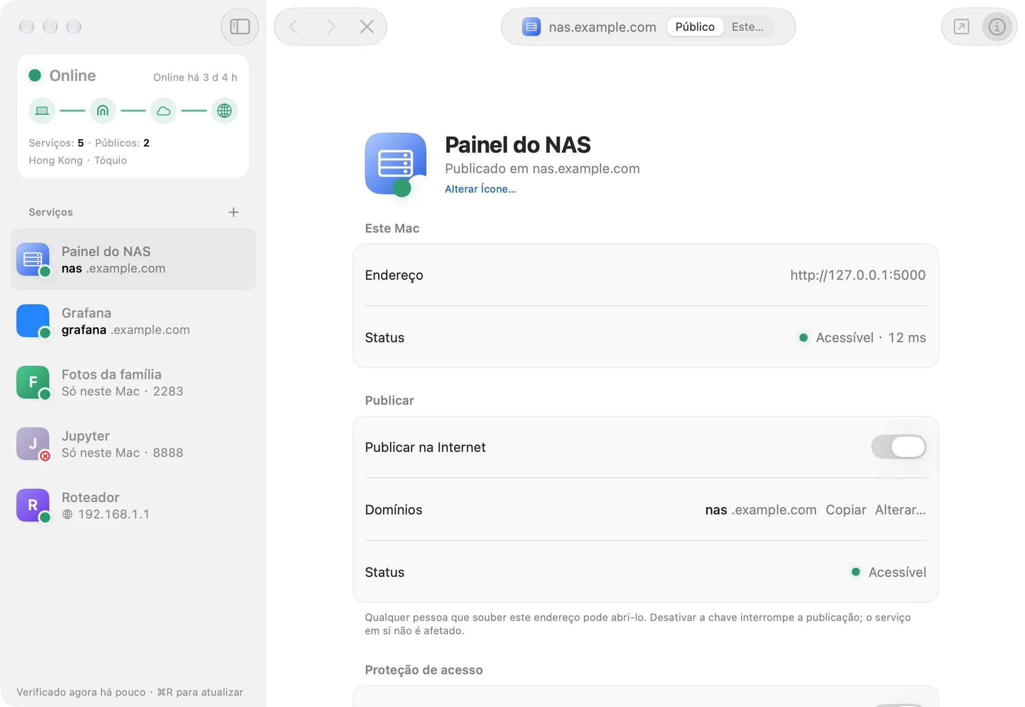A janela do Loggia: o cartão de ligação mostra Online, a barra lateral lista cinco serviços, dois deles publicados, e os detalhes do Painel do NAS publicado estão abertos.